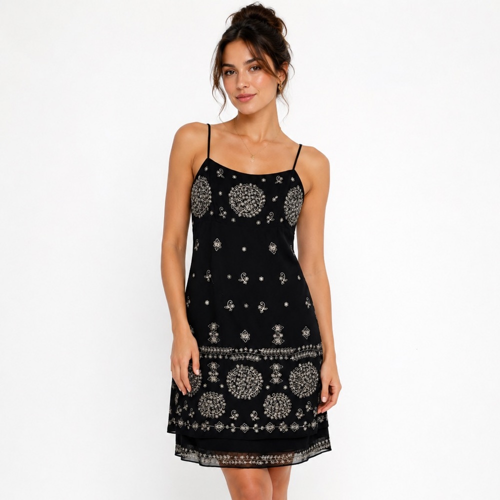 Sue Wong Black Silk Floral Medallion Embroidered Slip Dress Y2K Vintage Size 6